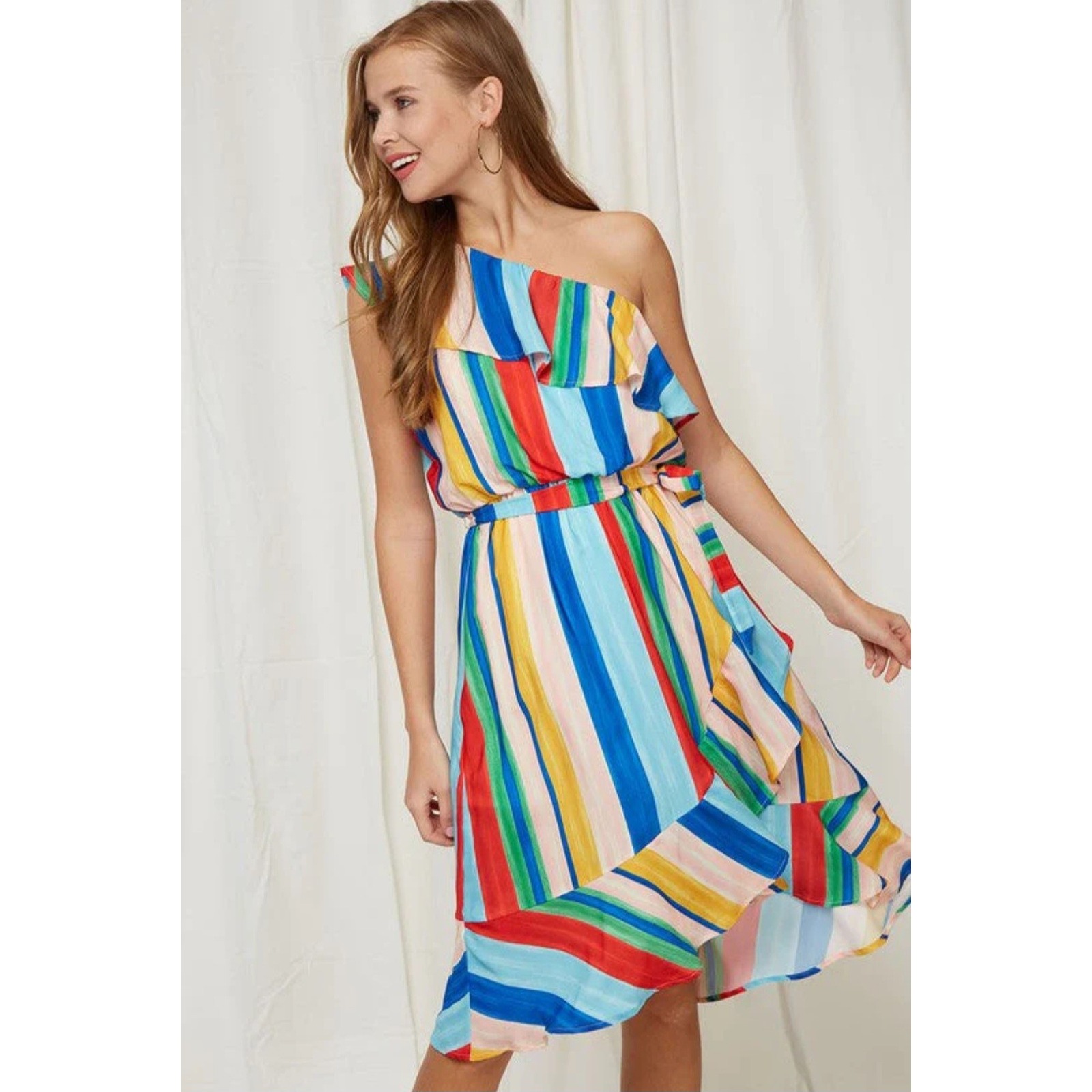 Multi Color Stripe One Shoulder Ruffle High Low Midi Dress With Tie Waist